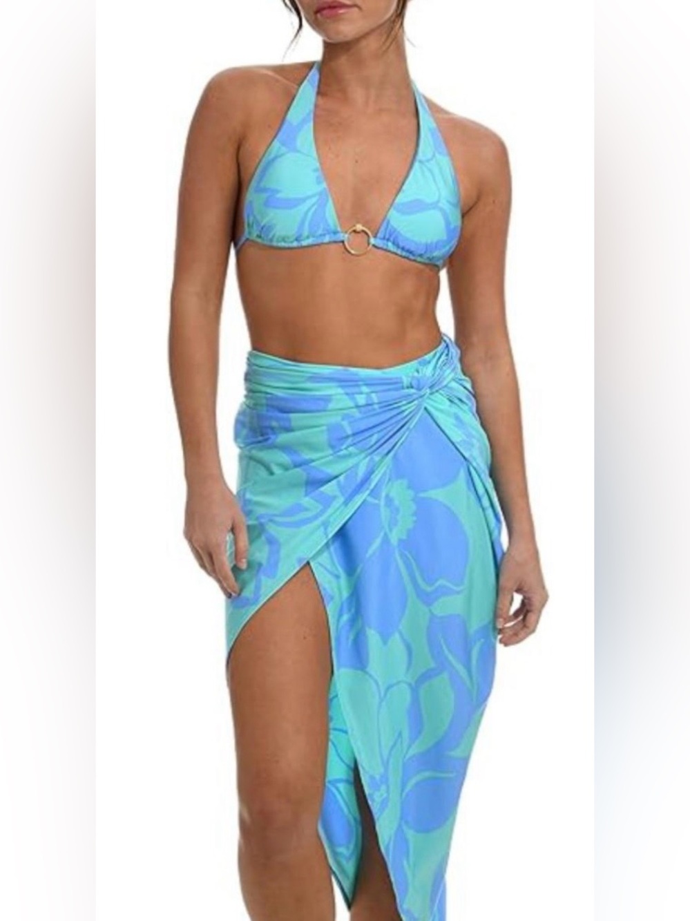 Sunshine 79 XS NWT Sky Blue Green Floral Sarong Wrap Swim Cover Up $152